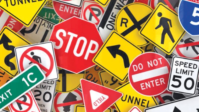 A collage of common American road signs